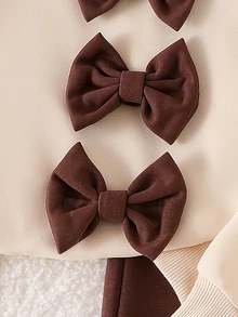 SHEIN Tween Girls Fleece 2pcs/Set Young Girls Fashion Gray Round Neck Long Sleeve Top And Wide Leg Pants With Bow Decor, Autumn/Winter, Cute - Brown - View 7