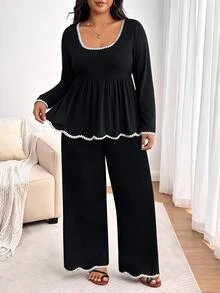 Enliva Plus-Size Women's Color-Blocked Lace Black Two Pieces Set Commuting Fall Winter Brunch Birthday Casual Elegant Lounge Formal - Black and White - View 4