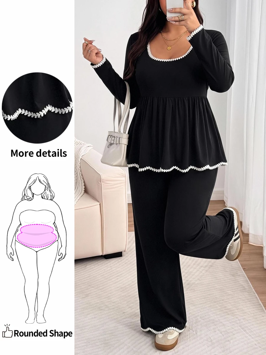 Enliva Plus-Size Women's Color-Blocked Lace Black Two Pieces Set Commuting Fall Winter Brunch Birthday Casual Elegant Lounge Formal - Black and White - View 1