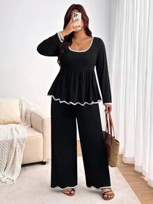 Enliva Plus-Size Women's Color-Blocked Lace Black Two Pieces Set Commuting Fall Winter Brunch Birthday Casual Elegant Lounge Formal - Black and White - View 5