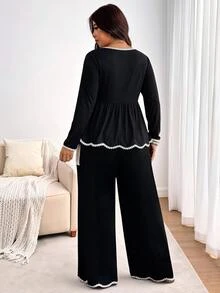 Enliva Plus-Size Women's Color-Blocked Lace Black Two Pieces Set Commuting Fall Winter Brunch Birthday Casual Elegant Lounge Formal - Black and White - View 2