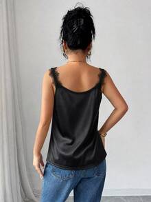 SHEIN PariChic Women's Elegant Autumn/Winter Party & Date Outfit Satin Delicate Lace Trim Cowl Neck Camisole - Black - View 2
