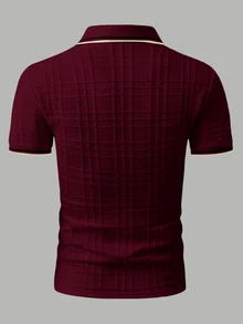 Manfinity Homme Camisa polo formal de hombre de punto jacquard con textura, cuello, puños y bajo acanalados, 3 botones - Burdeos - Ver 2