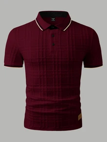Manfinity Homme Camisa polo formal de hombre de punto jacquard con textura, cuello, puños y bajo acanalados, 3 botones - Burdeos - Ver 4