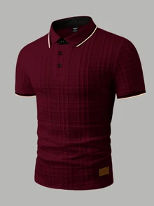 Manfinity Homme Camisa polo formal de hombre de punto jacquard con textura, cuello, puños y bajo acanalados, 3 botones - Burdeos - Ver 3