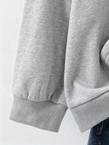 EMERY ROSE Plus Size Women's Letter Embroidery Sweatshirt,Casual Loose Fit Retro American Style Grey Sweatshirt For Women,Black Autumn School Back-To-School Fall - Light Grey - View 3