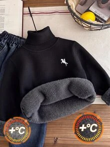 SHEIN 1件男童休閒學院風舒適毛衣，可作為內搭或外穿，秋冬款，Y2K風格，適合假期、生日男孩，Lmoss Kids，兒童 - 黑色 - 查看 2