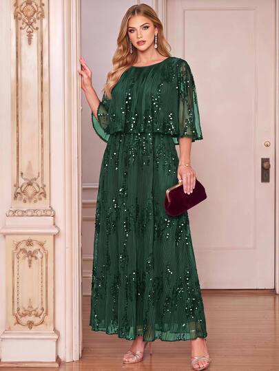 Amorya Vestido de noche elegante de lujo con lentejuelas para mujer, para boda, cena, fiesta, oficina, color verde oscuro, otoño