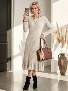 Miaspire Elegant Grandma Chic Business, Ruffle Hem Stripe, Knit Midi Dress, Sweater Material, Grey, Slim Fit Long Sleeve, Office Working Church Party, Fall - Apricot - View 3