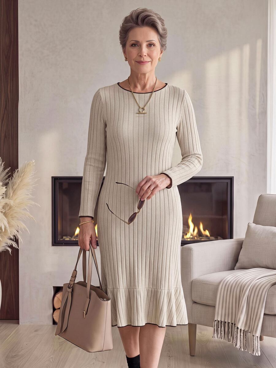 Miaspire Elegant Grandma Chic Business, Ruffle Hem Stripe, Knit Midi Dress, Sweater Material, Grey, Slim Fit Long Sleeve, Office Working Church Party, Fall - Apricot - View 1