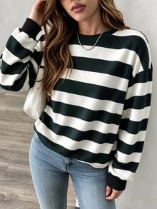 EMERY ROSE Plus-Size Women's Color-Blocked Striped Crew Neck Sweatshirt, Autumn Fashion Apparel Winter - Black - View 3