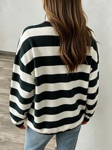 EMERY ROSE Plus-Size Women's Color-Blocked Striped Crew Neck Sweatshirt, Autumn Fashion Apparel Winter - Black - View 2