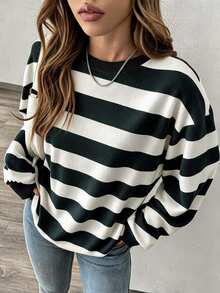 EMERY ROSE Plus-Size Women's Color-Blocked Striped Crew Neck Sweatshirt, Autumn Fashion Apparel Winter - Black - View 1