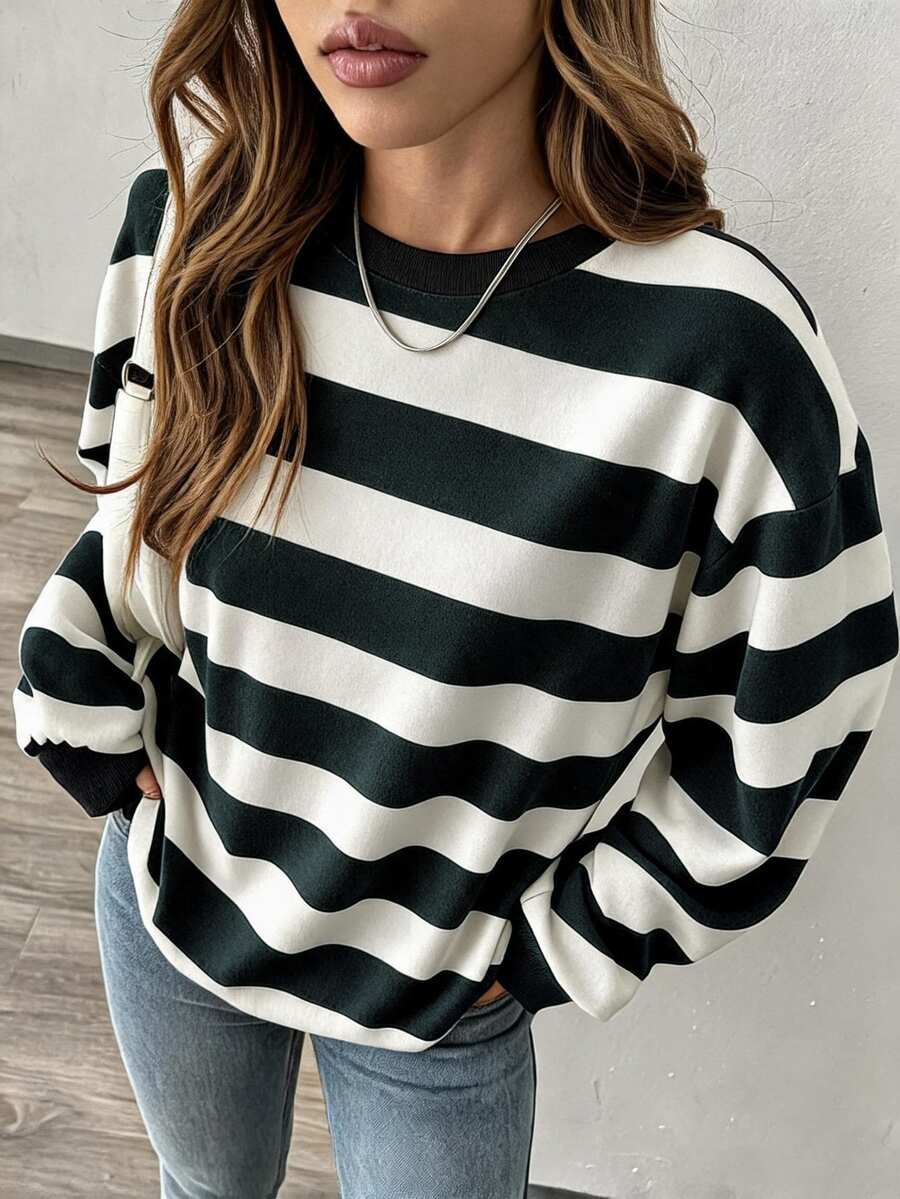 EMERY ROSE Plus-Size Women's Color-Blocked Striped Crew Neck Sweatshirt, Autumn Fashion Apparel Winter - Black - View 1