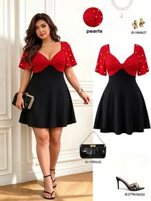 Femmeverse Plus Size Women's Red & Black Colorblock Dress, Heart Neckline, Bowknot, Beaded Flutter Sleeves, Waist-Flattering, A-Line Short Cocktail Dress - Multicolor - View 1