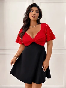 Femmeverse Plus Size Women's Red & Black Colorblock Dress, Heart Neckline, Bowknot, Beaded Flutter Sleeves, Waist-Flattering, A-Line Short Cocktail Dress - Multicolor - View 8