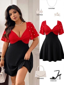 Femmeverse Plus Size Women's Red & Black Colorblock Dress, Heart Neckline, Bowknot, Beaded Flutter Sleeves, Waist-Flattering, A-Line Short Cocktail Dress - Multicolor - View 3