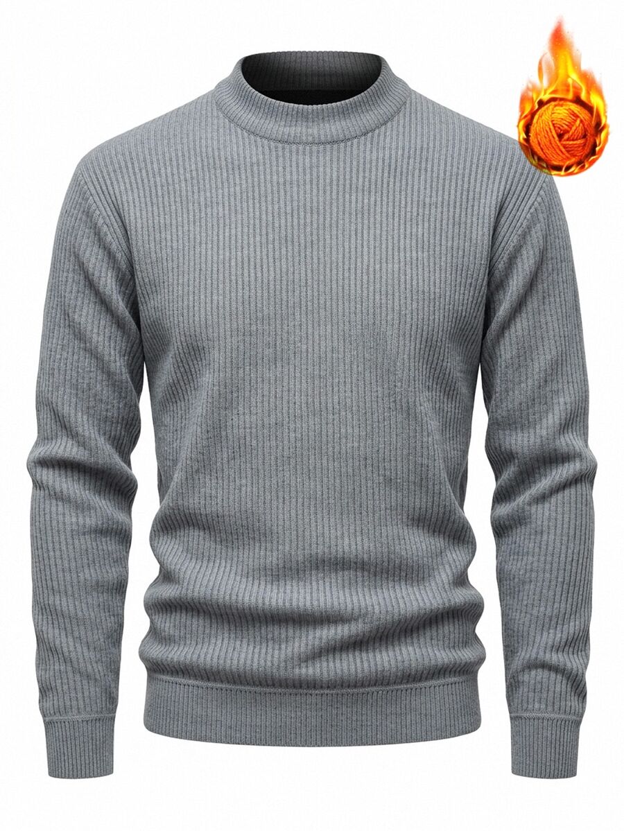 Manfinity CasualKnits 男士純色圓領長袖針織衫,秋冬款,Ins風格,魅力派對,街頭成熟,寬鬆版型,灰色,正式,老錢風 - 灰色 - 查看 1