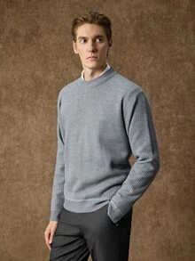 Manfinity CasualKnits 男士純色圓領長袖針織衫，秋冬款，Ins風格，魅力派對，街頭成熟，寬鬆版型，灰色，正式，老錢風 - 灰色 - 查看 5