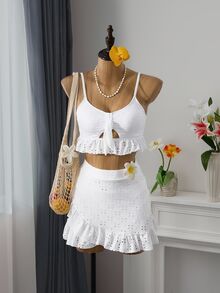 Swim Mod Summer Beach Schiffy Knot Front Ruffle Hem Bikini - White - View 5