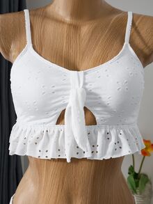 Swim Mod Summer Beach Schiffy Knot Front Ruffle Hem Bikini - White - View 7