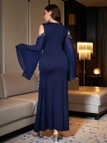 Reflora Plus Size Women's V-Neck Faux Pearl Decor Ruched Elegant Formal Cocktail Waist-Cinched Party Dinner Evening Dress Wedding Navy Blue Fall Christmas - Navy Blue - View 9