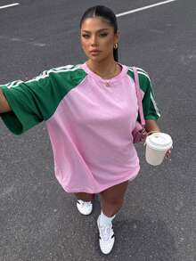 Muchica Versatile Casual Minimalist Green & Pink Colorblock Plus Size T-Shirt Suitable For Spring And Summer Fall - Pink - View 1