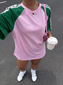 Muchica Versatile Casual Minimalist Green & Pink Colorblock Plus Size T-Shirt Suitable For Spring And Summer Fall - Pink - View 6
