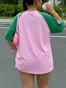 Muchica Versatile Casual Minimalist Green & Pink Colorblock Plus Size T-Shirt Suitable For Spring And Summer Fall - Pink - View 4
