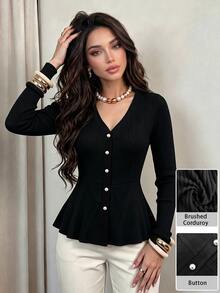 Modelyn ملابس علوية نسائية سوداء بياقة على شكل حرف V وأزرار مفردة وأكمام طويلة مضلعة مع خصر مشدود وحافة مكشكشة، بقصة ضيقة، مناسبة للتنقل والمواعيد والارتداء اليومي، خريف/شتاء - الأسود - مشاهدة 4