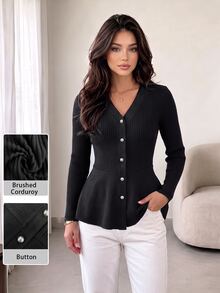 Modelyn ملابس علوية نسائية سوداء بياقة على شكل حرف V وأزرار مفردة وأكمام طويلة مضلعة مع خصر مشدود وحافة مكشكشة، بقصة ضيقة، مناسبة للتنقل والمواعيد والارتداء اليومي، خريف/شتاء - الأسود - مشاهدة 5