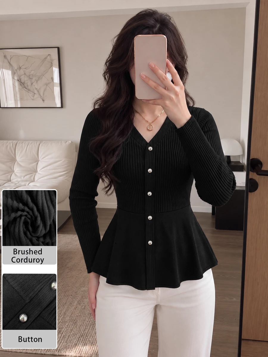 Modelyn ملابس علوية نسائية سوداء بياقة على شكل حرف V وأزرار مفردة وأكمام طويلة مضلعة مع خصر مشدود وحافة مكشكشة، بقصة ضيقة، مناسبة للتنقل والمواعيد والارتداء اليومي، خريف/شتاء