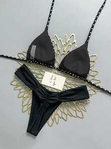 SHEIN Swim 26SS Summer Holiday Beach Holiday Pool Party Black And White Polka Dot Cute Bikini Set Sexy - Black and White - View 3