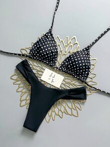 SHEIN Swim 26SS Summer Holiday Beach Holiday Pool Party Black And White Polka Dot Cute Bikini Set Sexy - Black and White - View 8