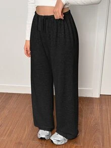 SHEIN 青少年女孩黑色寬鬆校園長褲，春夏秋冬四季適用，聚酯纖維輕盈透氣經典款 - 黑色 - 查看 7