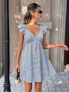 Pariaura Blue V-Neck Waist Cinched Short Dress, Slimming Fit, Elegant Summer Vacation Outfit - Blue - View 5