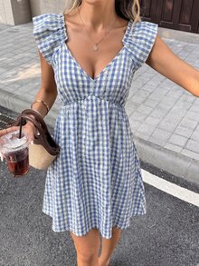Pariaura Blue V-Neck Waist Cinched Short Dress, Slimming Fit, Elegant Summer Vacation Outfit - Blue - View 6