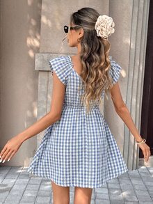 Pariaura Blue V-Neck Waist Cinched Short Dress, Slimming Fit, Elegant Summer Vacation Outfit - Blue - View 3