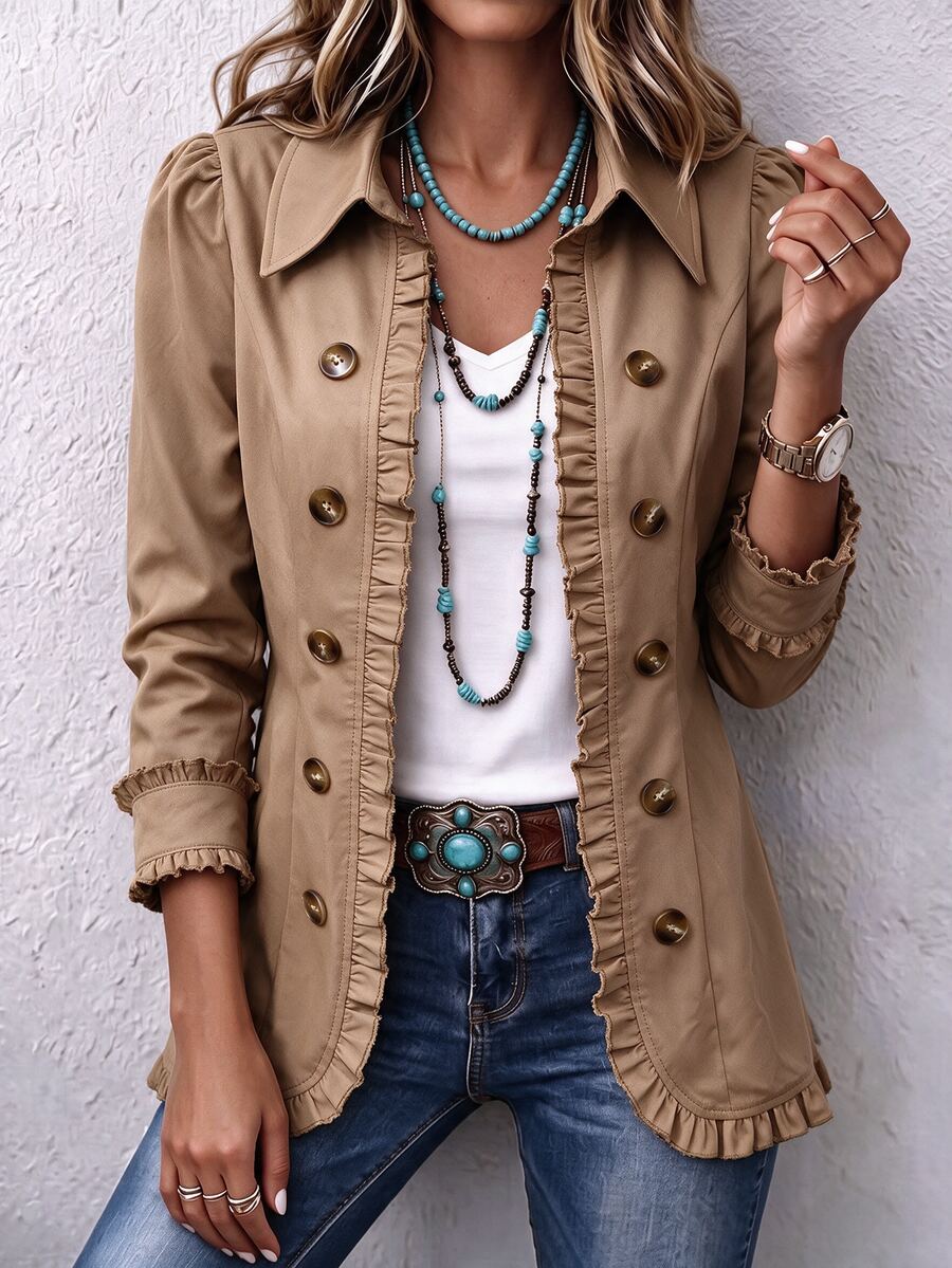 Holdful Holdful Women's Long Sleeve Jacket Top With Frill Trim Design, Button Front, Shirt Collar, Lapel, Khaki Camel Color, Regular Fit, Versatile Casual Daily Office Commute Party Outfit For Autumn And Winter - Khaki - View 1
