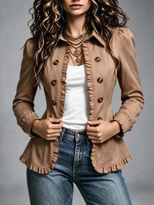 Holdful Holdful Women's Long Sleeve Jacket Top With Frill Trim Design, Button Front, Shirt Collar, Lapel, Khaki Camel Color, Regular Fit, Versatile Casual Daily Office Commute Party Outfit For Autumn And Winter - Khaki - View 5