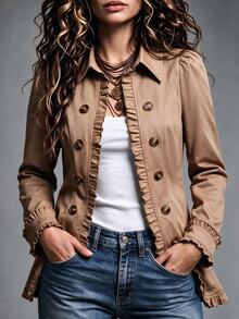 Holdful Holdful Women's Long Sleeve Jacket Top With Frill Trim Design, Button Front, Shirt Collar, Lapel, Khaki Camel Color, Regular Fit, Versatile Casual Daily Office Commute Party Outfit For Autumn And Winter - Khaki - View 8