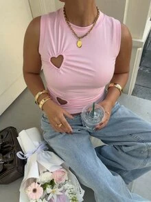 Muchica Plus Size Women Solid Color Round Neck Pleated Casual Versatile Daily Wear Top - Pink - View 3