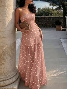 Pariaura Summer Polka Dot Bandeau Dress - Baby Pink - View 4