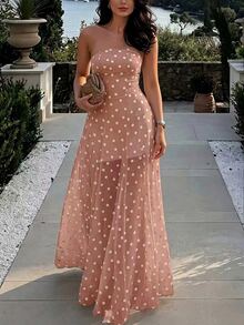 Pariaura Summer Polka Dot Bandeau Dress - Baby Pink - View 3