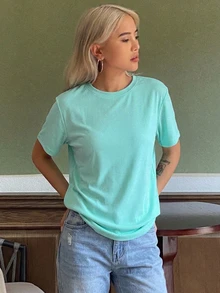 DAZY Women's Green Crew Neck Ribbed All-Match Short Sleeve Casual Versatile T-Shirt Top - Green - View 3