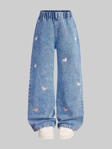Girls' Autumn Cotton Washed Versatile Fashion Casual Comfortable Heart Embroidery Loose Design Full Elastic Waist Blue Washed Wide Leg Denim Jeans - Medium Wash - View 7