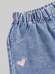 Girls' Autumn Cotton Washed Versatile Fashion Casual Comfortable Heart Embroidery Loose Design Full Elastic Waist Blue Washed Wide Leg Denim Jeans - Medium Wash - View 8