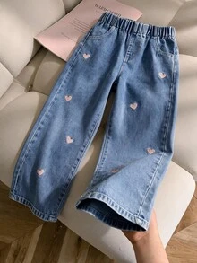 Girls' Autumn Cotton Washed Versatile Fashion Casual Comfortable Heart Embroidery Loose Design Full Elastic Waist Blue Washed Wide Leg Denim Jeans - Medium Wash - View 3