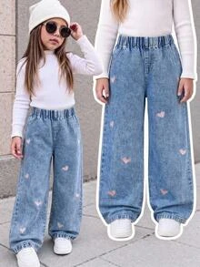 Girls' Autumn Cotton Washed Versatile Fashion Casual Comfortable Heart Embroidery Loose Design Full Elastic Waist Blue Washed Wide Leg Denim Jeans - Medium Wash - View 1