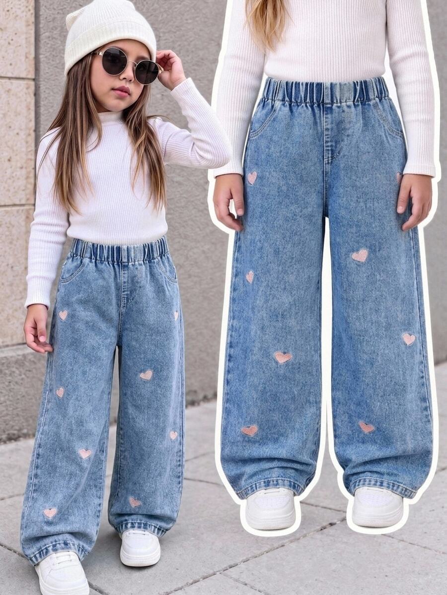 Girls' Autumn Cotton Washed Versatile Fashion Casual Comfortable Heart Embroidery Loose Design Full Elastic Waist Blue Washed Wide Leg Denim Jeans - Medium Wash - View 1